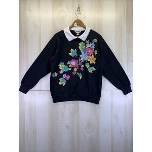 Vintage 1990s Black Bright Floral Graphic Collared Grandma Sweatshirt Womens M-